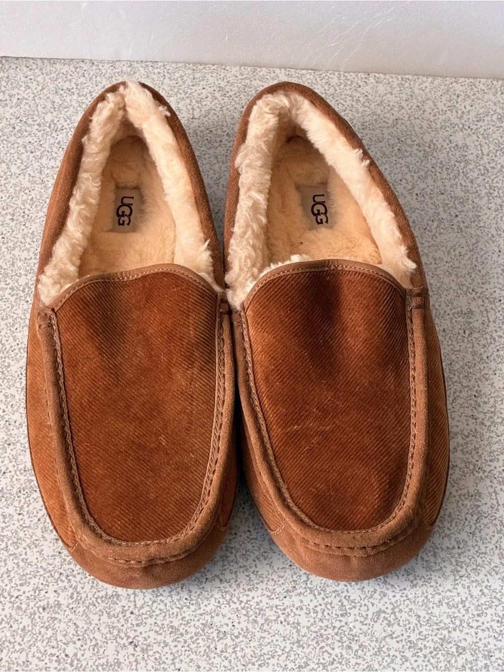 UGG Men's Chestnut Brown Suede Shearling Ascot Slippers Sz 13
